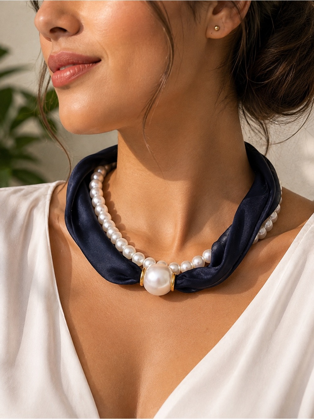 Pearl Accent Navy Silk-Style Necklace